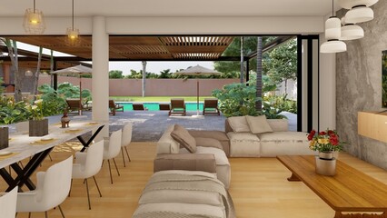 Luxurious living room, overlooking a pool in a large outdoor garden, minimalist home, rendering