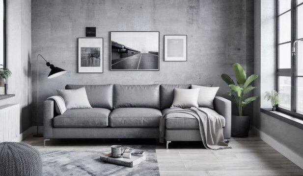 Interior design of a living room with grey long sofa and grey walls | High-resolution illustration of a living room with grey furniture and grey walls | Generative Ai | Modern and stylish living room