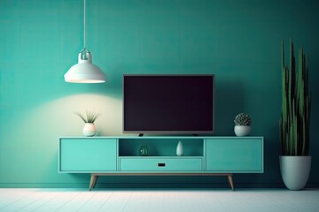 TV cabinet, flat style, isolated on a turquoise background. Generative AI