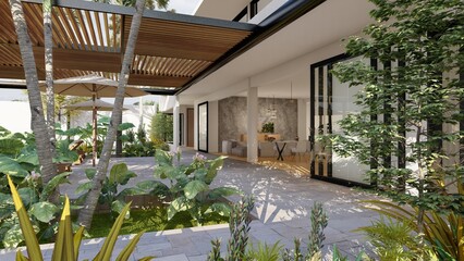 View from the majestic garden of this house, towards the interior of the minimalist living room, kitchen and dining room, with materials such as wood, steel and concrete.