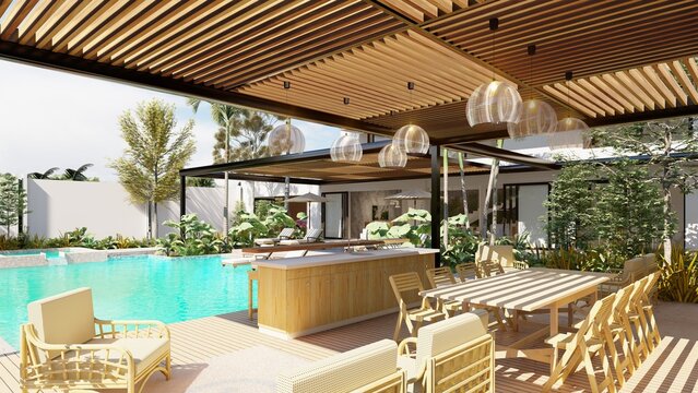 Terrace, barbecue space in a luxurious home, outdoor space, overlooking the pool and the interior of the home.