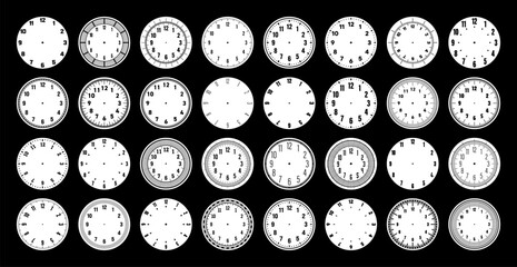 Mechanical clock faces, watch dial with numerals, bezel. Timer or stopwatch element with minute, hour marks and numbers. Blank measuring circle scale with divisions. Vector illustration