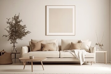 Toned image, mock up of a living room setting with a beige sofa, cushions, a tiny coffee table with a laptop on it, and a horizontal poster. Generative AI