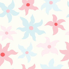 Seamless floral pattern with abstract flowers. Cool, fun, funky design in soft pink and blue colors. Simple repeat background wallpaper texture.