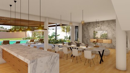 Interior view of a luxurious home, with a living room, kitchen, dining room and breakfast area, minimalist and spacious spaces, with boho chic interior design.
