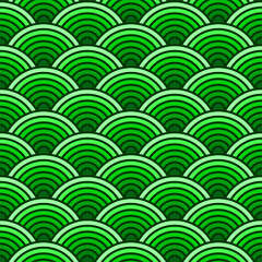 Colorful Chinese and Japanese seamless pattern. Traditional asian ornament, oriental New Year decoration. Modern green background, geometric texture with waves. Vector illustration
