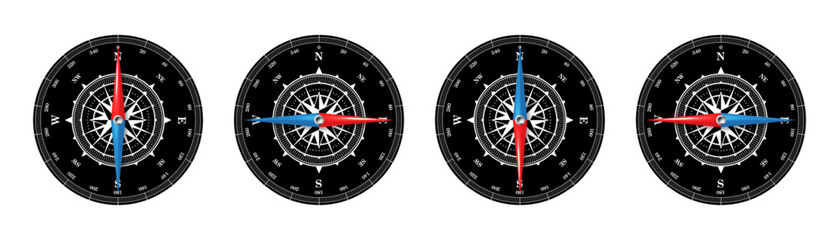 Marine compass, nautical wind rose with cardinal directions of North, East, South, West and degree markings. Geographical position and orientation, cartography and navigation. Vector illustration