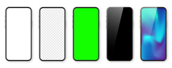 Smartphone with blank touch screen and abstract colorful wallpaper, green chroma key background. Frameless mobile phone in front view. High quality detailed device mockup. Vector illustration
