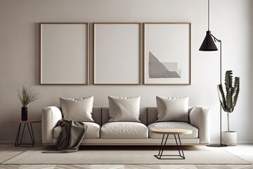 Three empty poster frames on a beige wall in a contemporary living room with a plant, a gray sofa, and plush pillows. Generative AI