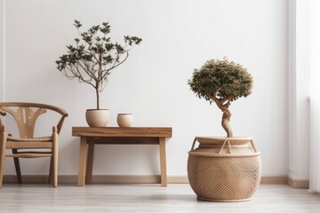 tree pot on table in room with blank white walls. Generative AI