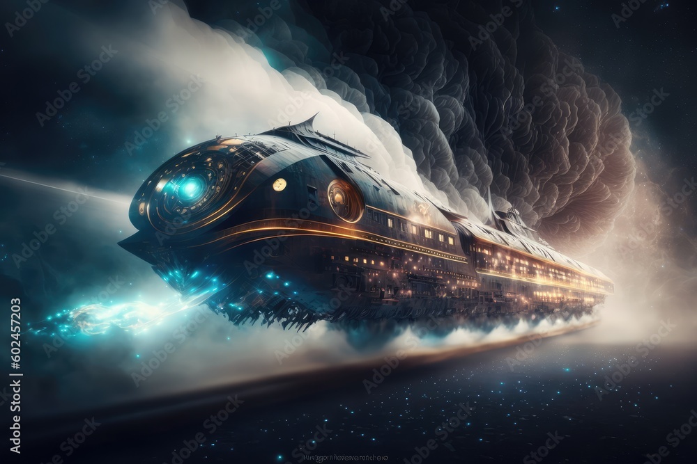 Poster gigantic spaceship travel into a quantum world. distinct generative ai image.