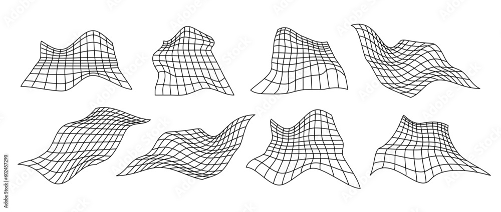 Leinwandbilder Distorted perspective grid pack. Glitch rectangle plane set. Wavy futuristic elements bundle. Ripple wireframes net collection. Vector abstract background. 