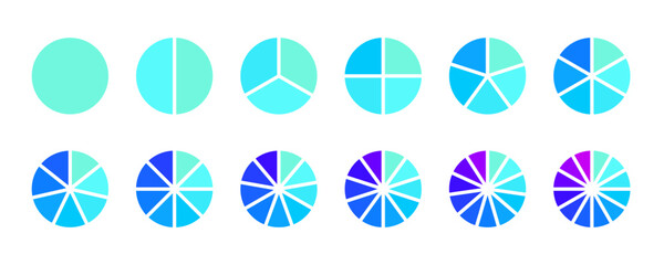 Circle segments collection. Pie diagrams set in blue purple colors. Round sections and slices pack. From 1 to 12 segments of infographic charts. Different phases and stages of cycle. Vector bundle - obrazy, fototapety, plakaty