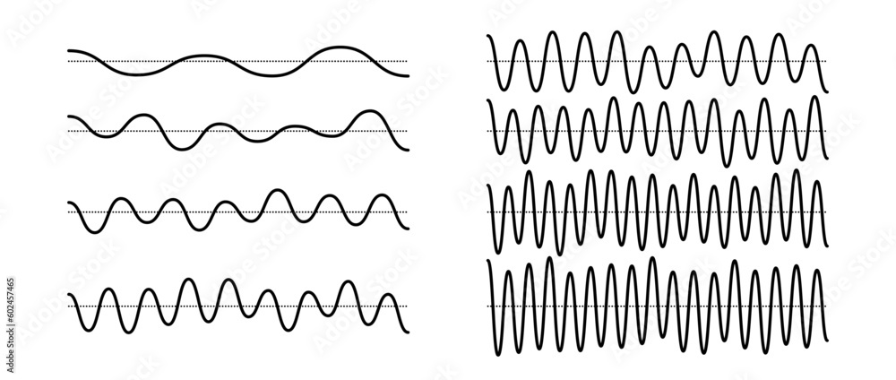 Poster Sinusoid signals set. Black curve sound waves with different frequency and amplitude. Voice or music audio concept. Pulsating lines. Electronic radio graphics collection. Vector templates bundle