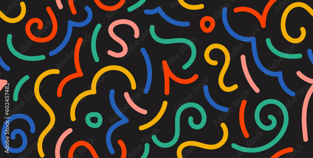 Poster Colorful doodle seamless pattern. Abstract squiggle repeating background. Simple scribbles and shapes wallpaper. Textile or fabric print design swatch. Vector backdrop.
