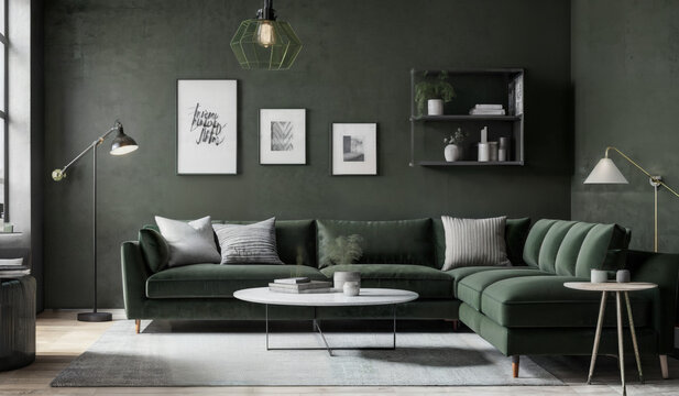 Interior design of a modern living room with green comfortable sofa in front of a green wall with a sleek coffee table and a lamp | Generative Ai | Photorealism | Indoor décor