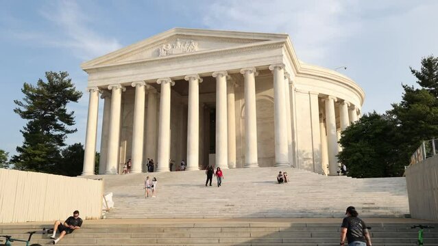 Time lapse video of tourists visiting the Jefferson Memorial in the evening