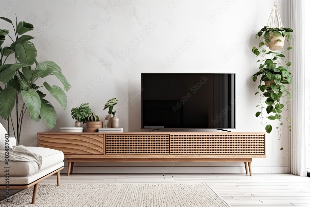 Wall mural tv cabinet and storage space in a living room with a white wall. generative ai