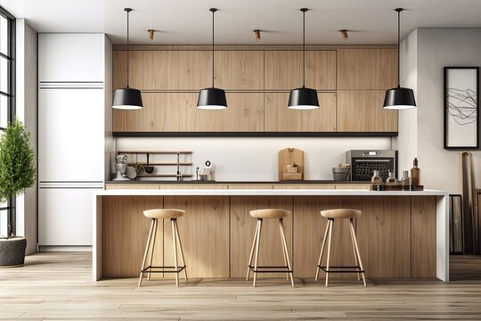 The wooden kitchen cabinet doors are blank canvases. A breakfast bar, two stools, two pendant lamps, and a parquet floor are all features of a contemporary decor. a mockup a notion for a Generative AI