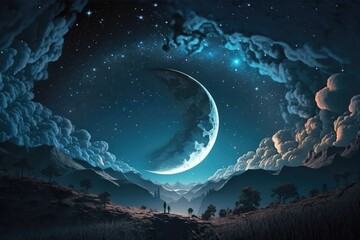 Beautiful celestial sky in dreamy fantasy with bright star in the sky over nature landscape Generative AI - obrazy, fototapety, plakaty