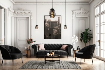 Traditional white interior with a black sofa and chairs. mock up for an illustration. Generative AI