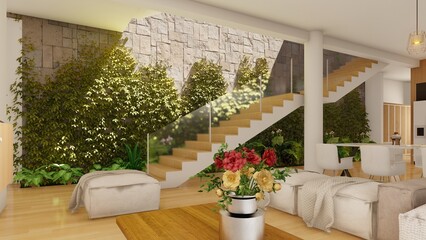 interior view of a luxurious home, with a living room, kitchen, dining room and breakfast area, minimalist and spacious spaces, with boho chic interior design, floating staircase