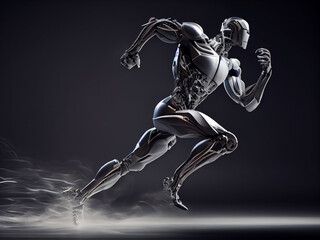 A fast running humanoid muscular robot athlete on an isolated background. Generative AI