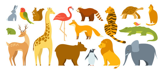 Animal cute cartoon set. Hare and parrot, squirrel, frog, giraffe. Panda and bear penguin. Mammals animals characters for baby card, invitation. Deer cat turtle fox lion tiger design vector collection © neliakott
