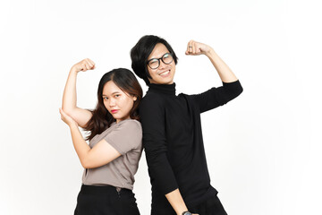 Asian Couple Man and Woman Showing Strength and Rise Arms Biceps Isolated On White Background