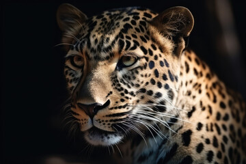 Naklejka na ściany i meble Close up portrait of a leopard. Dangerous predator in natural habitat. Wildlife scene, generative AI