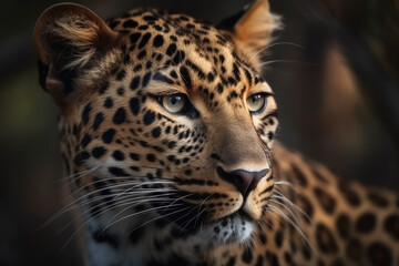 Fototapeta na wymiar Close up portrait of a leopard. Dangerous predator in natural habitat. Wildlife scene, generative AI