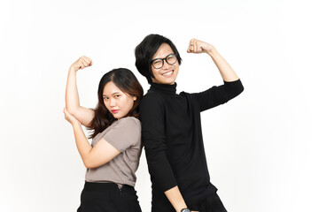 Asian Couple Man and Woman Showing Strength and Rise Arms Biceps Isolated On White Background