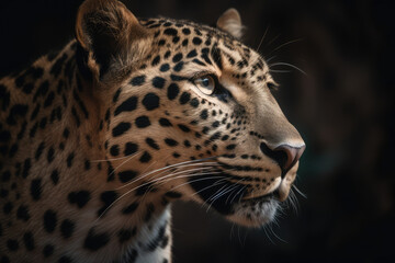 Fototapeta na wymiar Close up portrait of a leopard. Dangerous predator in natural habitat. Wildlife scene, generative AI