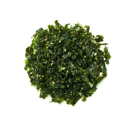 Fototapeta premium top view overhead roasted nori seaweed and sesame topping isolated on white background. nori laver seaweed crispy isolated on white background. Gim, laver, nori, isolated flat lay