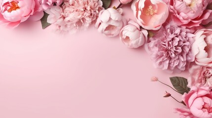 Beautiful Peonies and Roses Composition on Pink Background with copy space