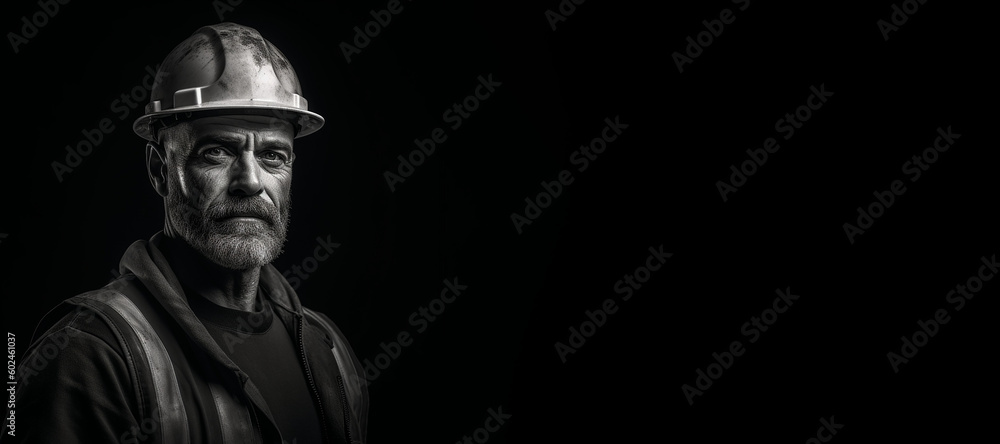 Wall mural Black and white photorealistic studio portrait of a construction worker with hard hat on black background. Generative AI illustration