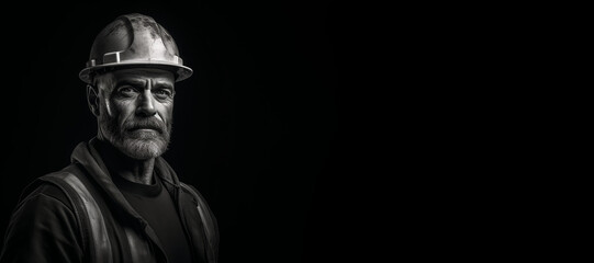 Black and white photorealistic studio portrait of a construction worker with hard hat on black background. Generative AI illustration - obrazy, fototapety, plakaty