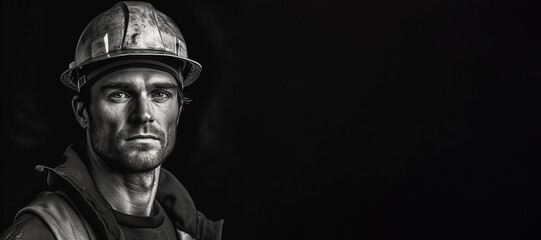 Black and white photorealistic studio portrait of a construction worker with hard hat on black background. Generative AI illustration