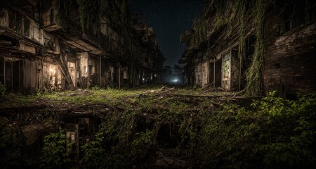 Nighttime in Post Apocalyptic Abandoned Town. Decayed City Street as Nature Reclaims the Concrete Jungle. (generative ai)
