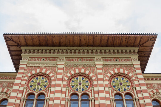 Facade of the main hall of the Vijecnica, the former library and city hall of Brcko, bosnia and Herzegovina, built in the 19th century, characterized by its ottoman style.