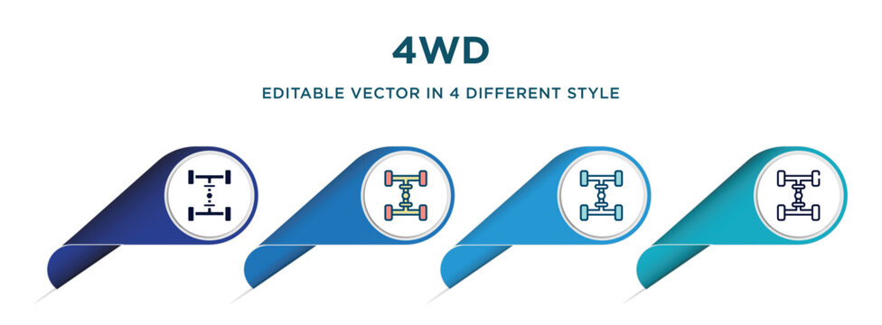 4wd icon in 4 different styles such as filled, color, glyph, colorful, lineal color. set of vector for web, mobile, ui