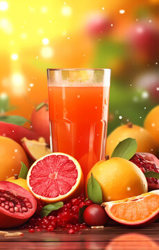 Fruit juice among fresh plucked fruits, front view.