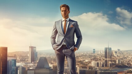 Fototapeta na wymiar Ambitious executive in modern suit posing confidently in front of city skyline. Generative AI.