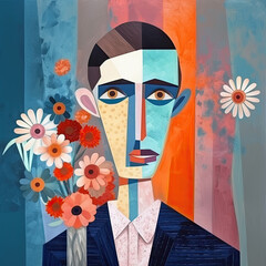 abstract art portrait of a sad man with flowers