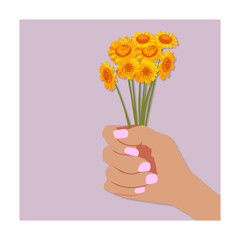 Mano con  ramo de flores amarillas, estilo vectorial para tarjetas y decoraci√≥n