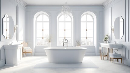 Modern minimalist bathroom with large french windows.
