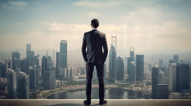 Businessman standing at transparent glass floor on rooftop with city skyline, success and thinking concept. Generative AI.
