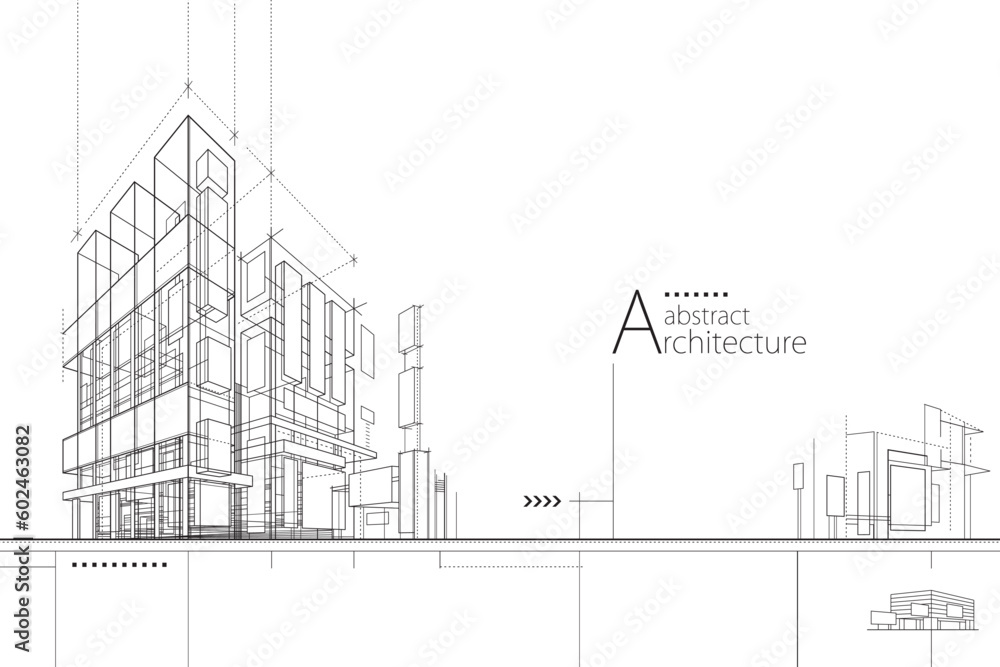 Poster 3d illustration abstract modern urban building out-line black and white drawing of imagination archi