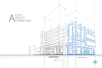 Foto op Canvas 3D illustration abstract modern urban building out-line drawing of imagination architecture building construction perspective design.  © yewkeo