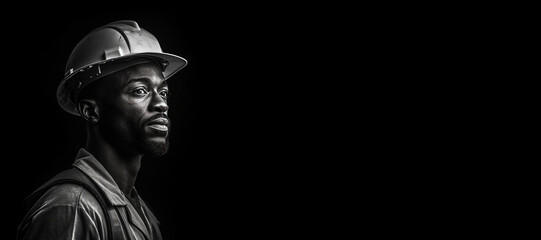 Black and white photorealistic studio portrait of a construction worker with hard hat on black background. Generative AI illustration